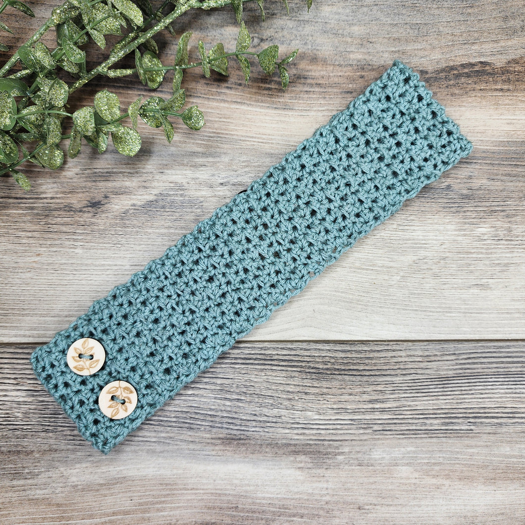 Linen crochet headband with wood button