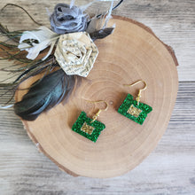 Load image into Gallery viewer, Oregon Green/ Gold dangly glitter acrylic earrings
