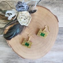 Load image into Gallery viewer, Oregon Green/ Gold dangly glitter acrylic earrings
