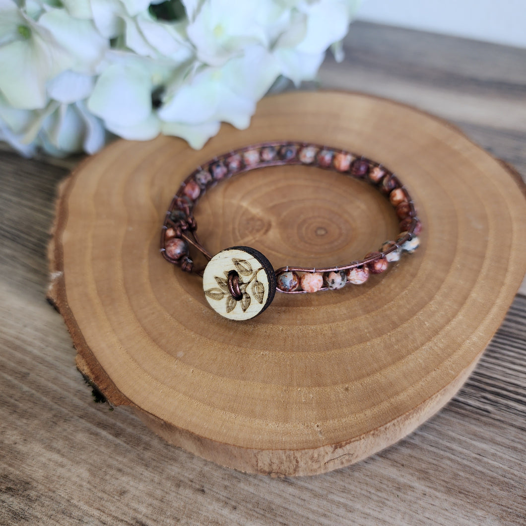 Leopard Jasper and leather bracelet with wood button