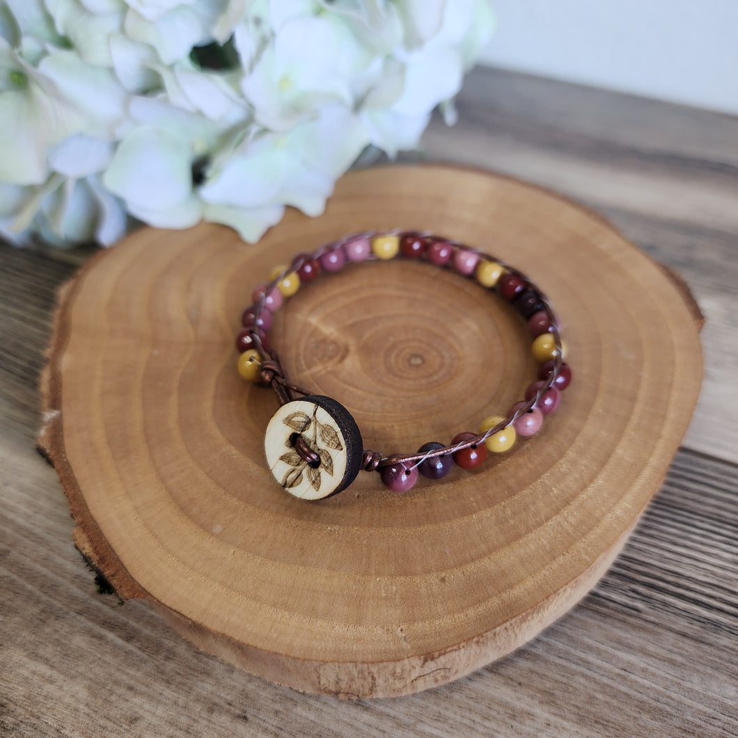 Mookaite Jasper and leather bracelet with wood button