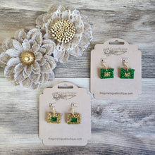 Load image into Gallery viewer, Oregon Green/ Gold dangly glitter acrylic earrings

