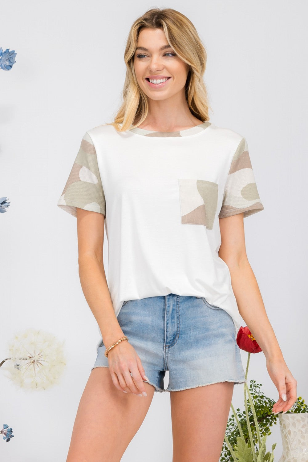 Celeste Clothing- Solid top with camo sleeves contrast print and pocket
