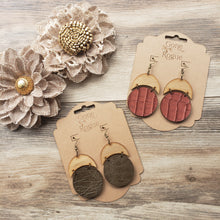 Load image into Gallery viewer, Bamboo half moon leather circle earrings- Mauve and Olive
