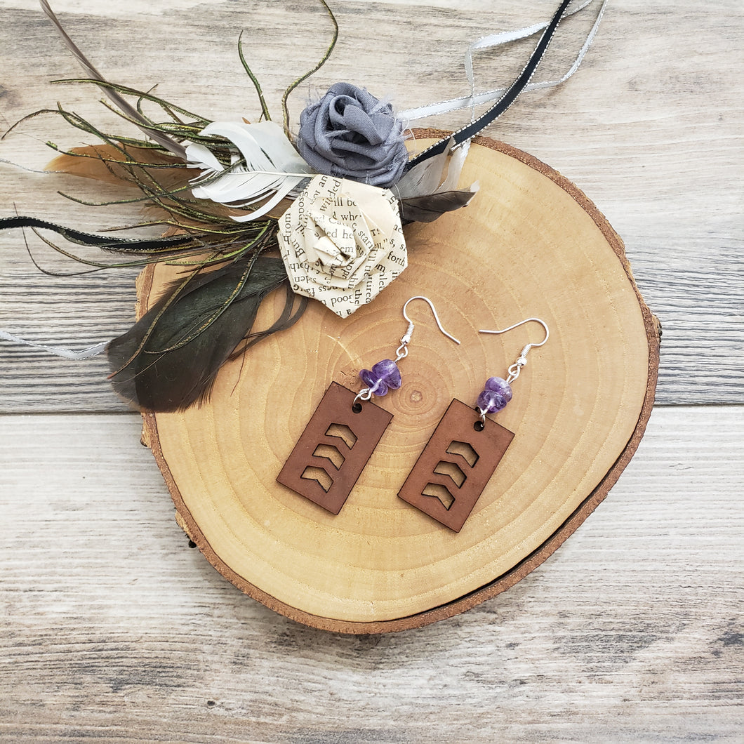 Leather Chevron and amethyst earrings