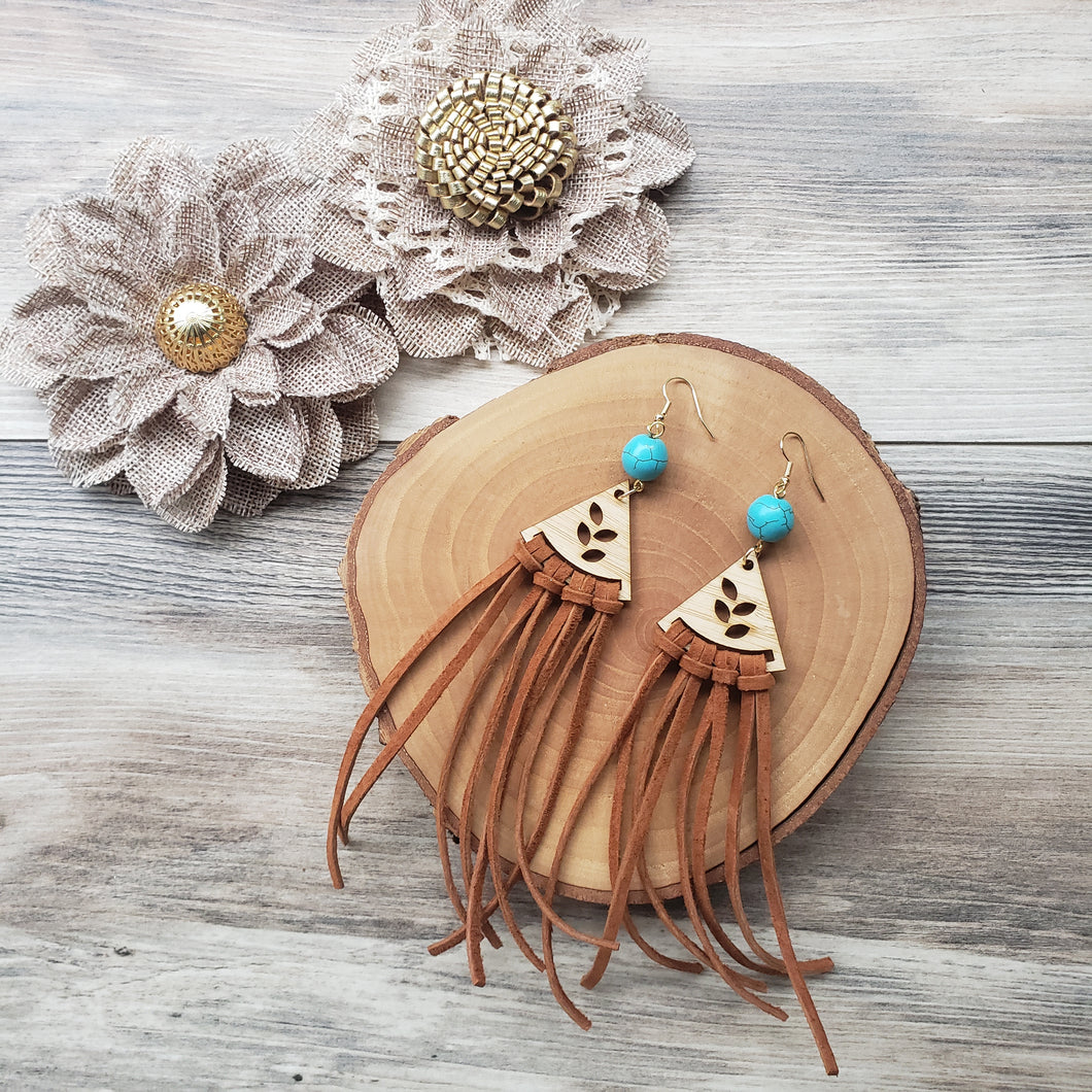 Leather and bamboo tassel earrings