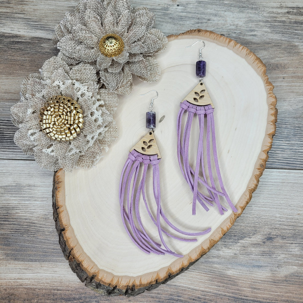 Bamboo, Amethyst and leather earrings