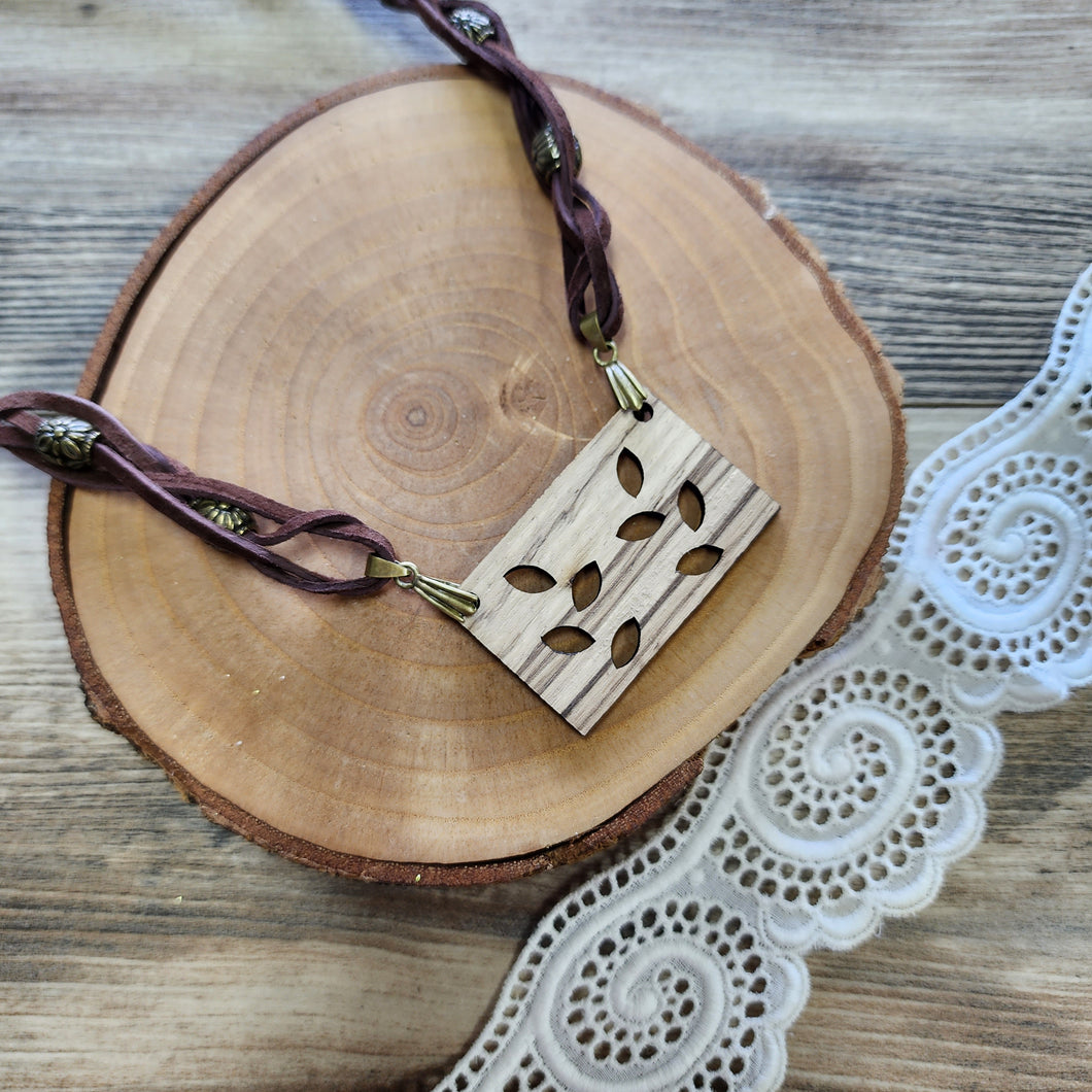 Zebrawood leaf pendant and leather necklace
