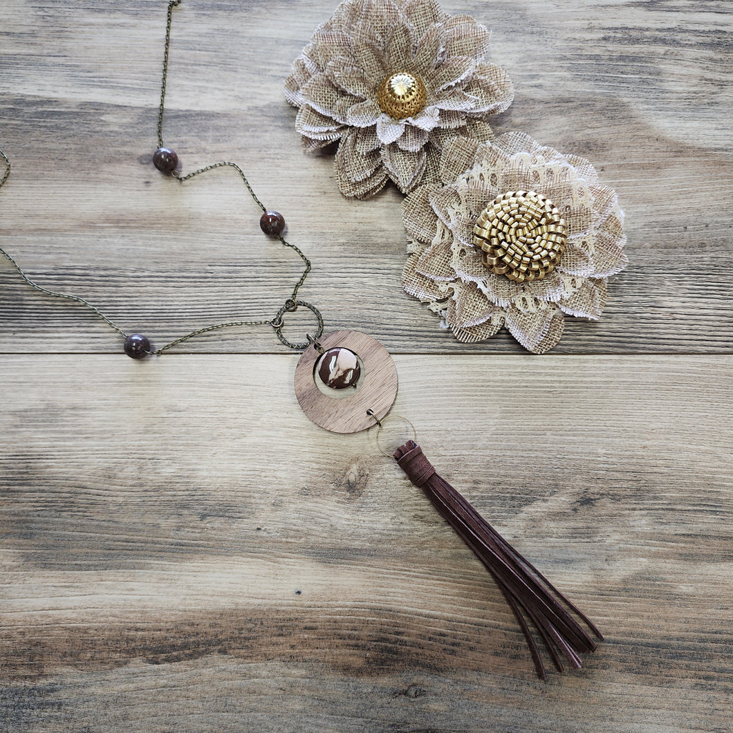 Stone and leather tassel necklace