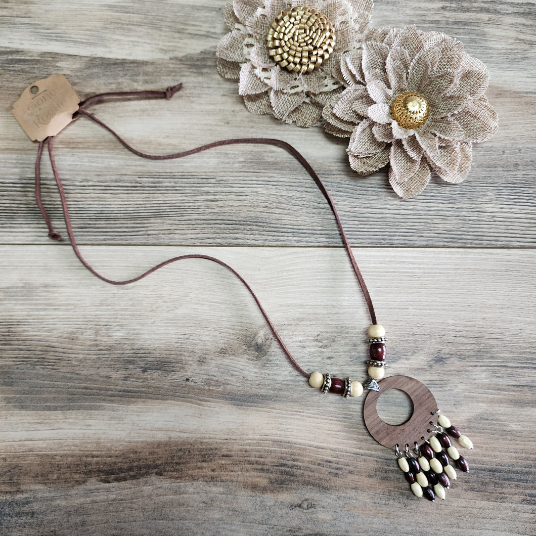 Wood dangle beaded pendant leather necklace
